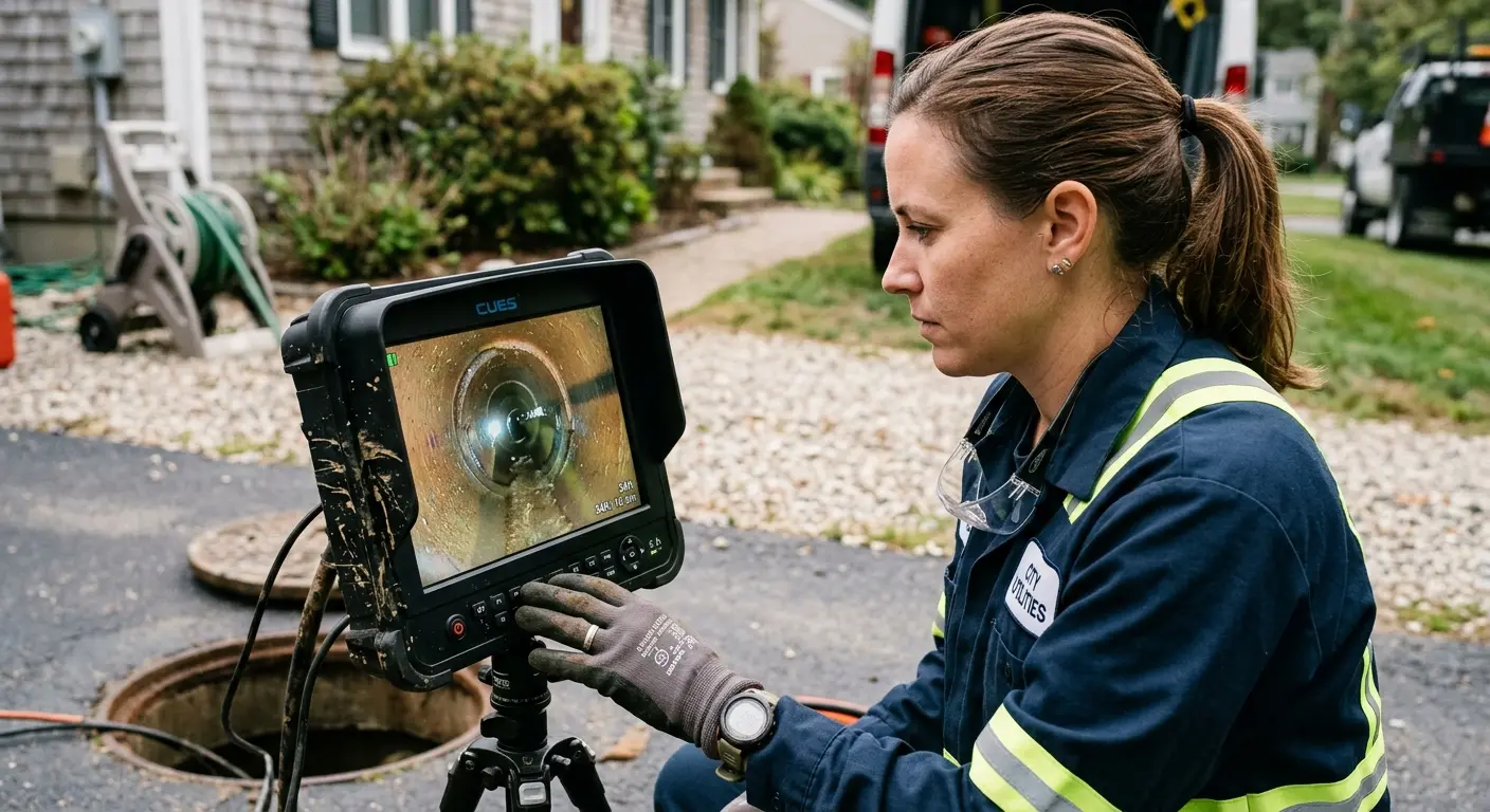 Technician reviewing sewer camera inspection footage in Greeley