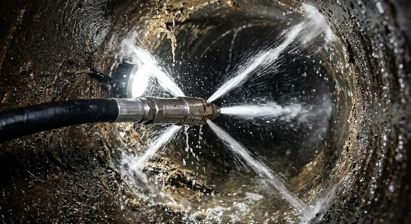High-pressure hydro jetting nozzle cleaning sewer pipe for Trenchless Sewer Repair in Greeley