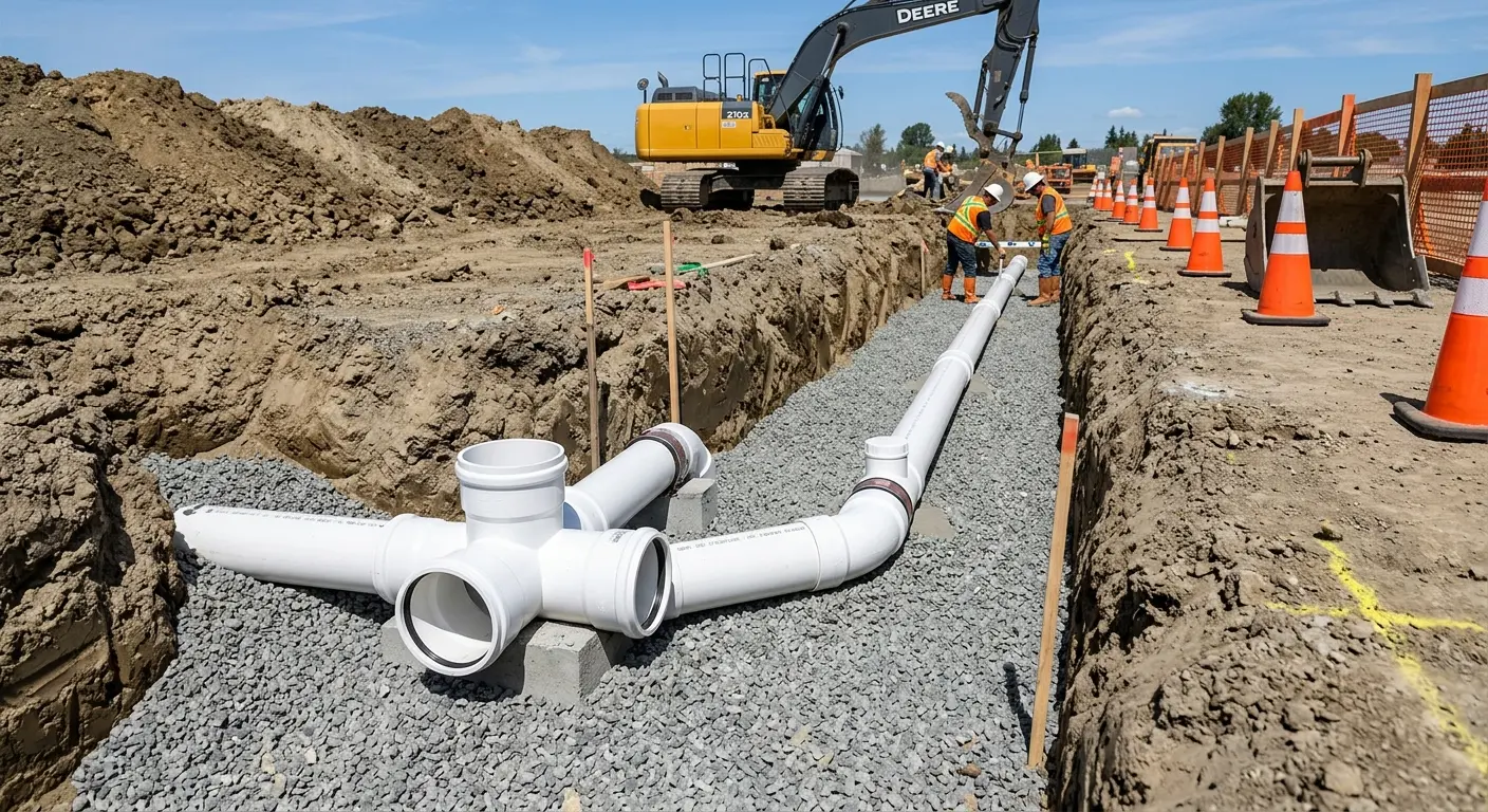 New PVC sewer pipe installation in open trench for Commercial Drain Cleaning in Greeley