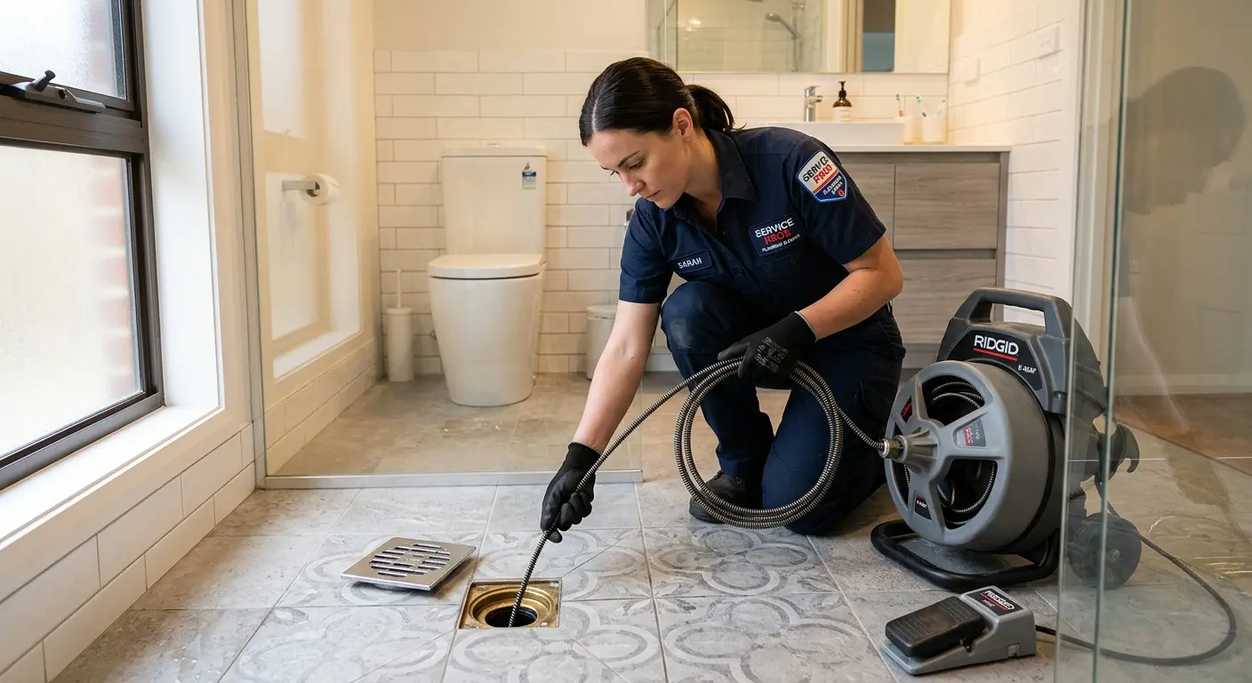 Technician clearing a bathroom floor drain for Drain Cleaning in Greeley
